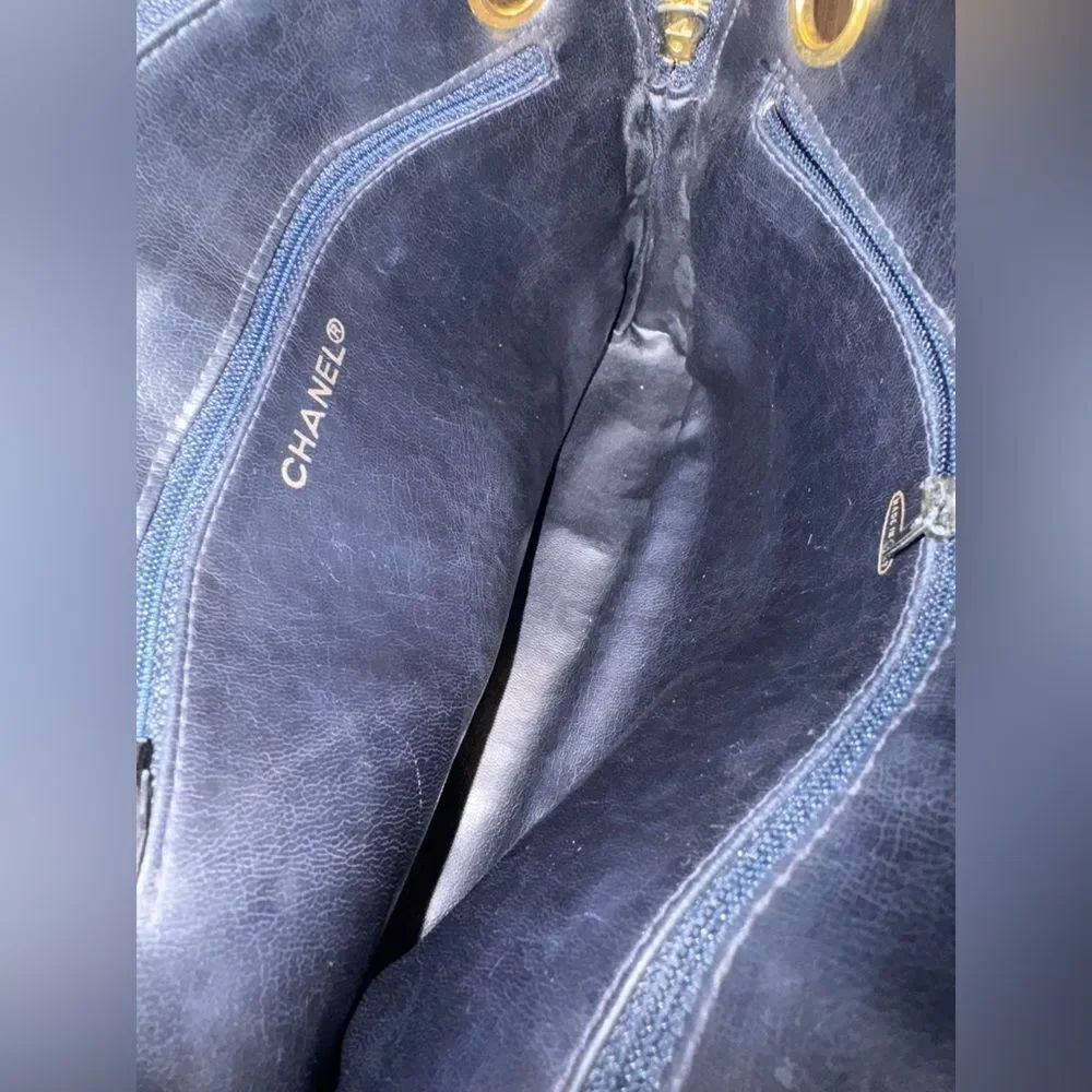 Auth Chanel Mademoiselle Navy Blue Polished Matelasse Quilted Shoulder Bag - Picture 13 of 16